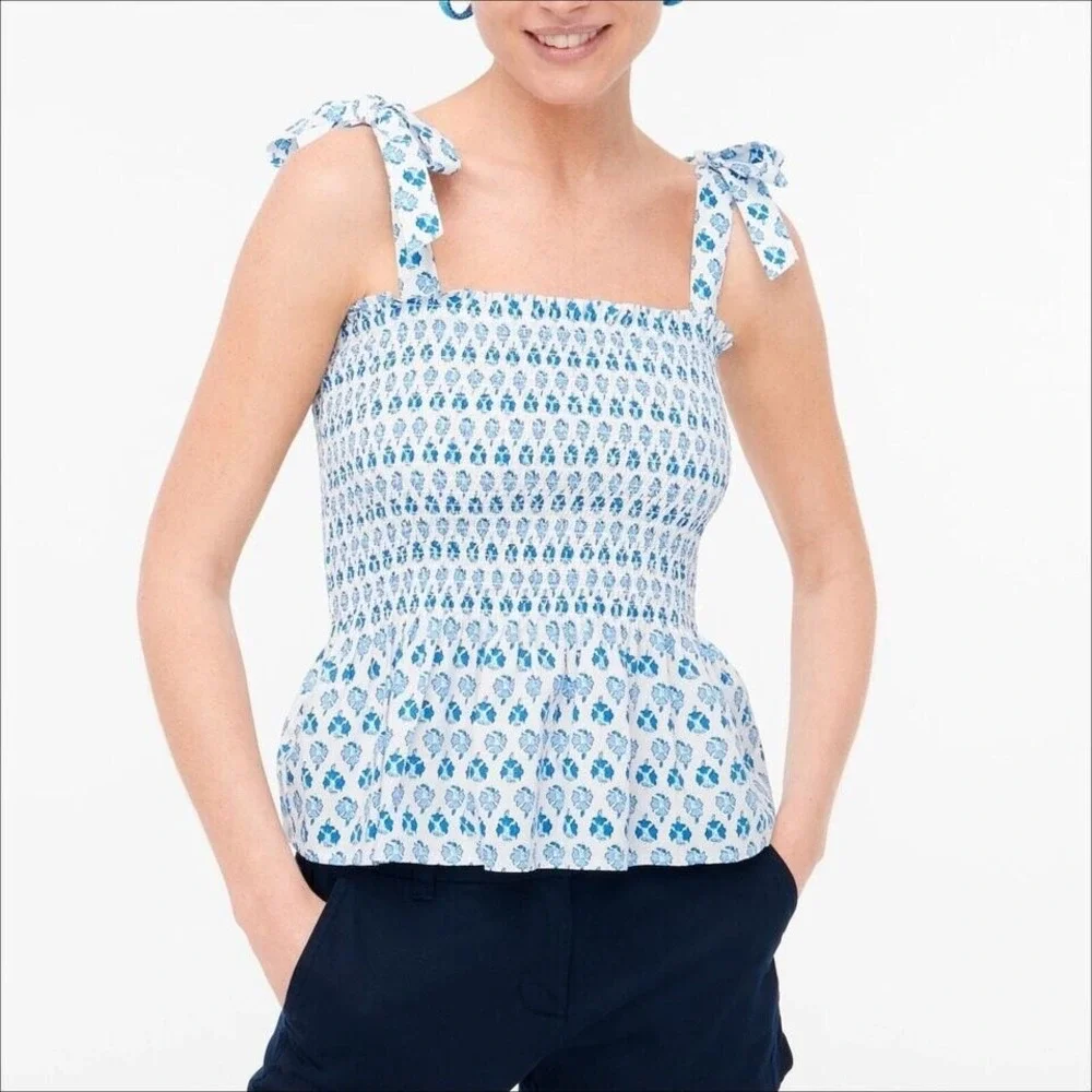 J.‎ Crew Smocked Tie-Shoulder Peplum Top Floral Block Print Blue White Size L